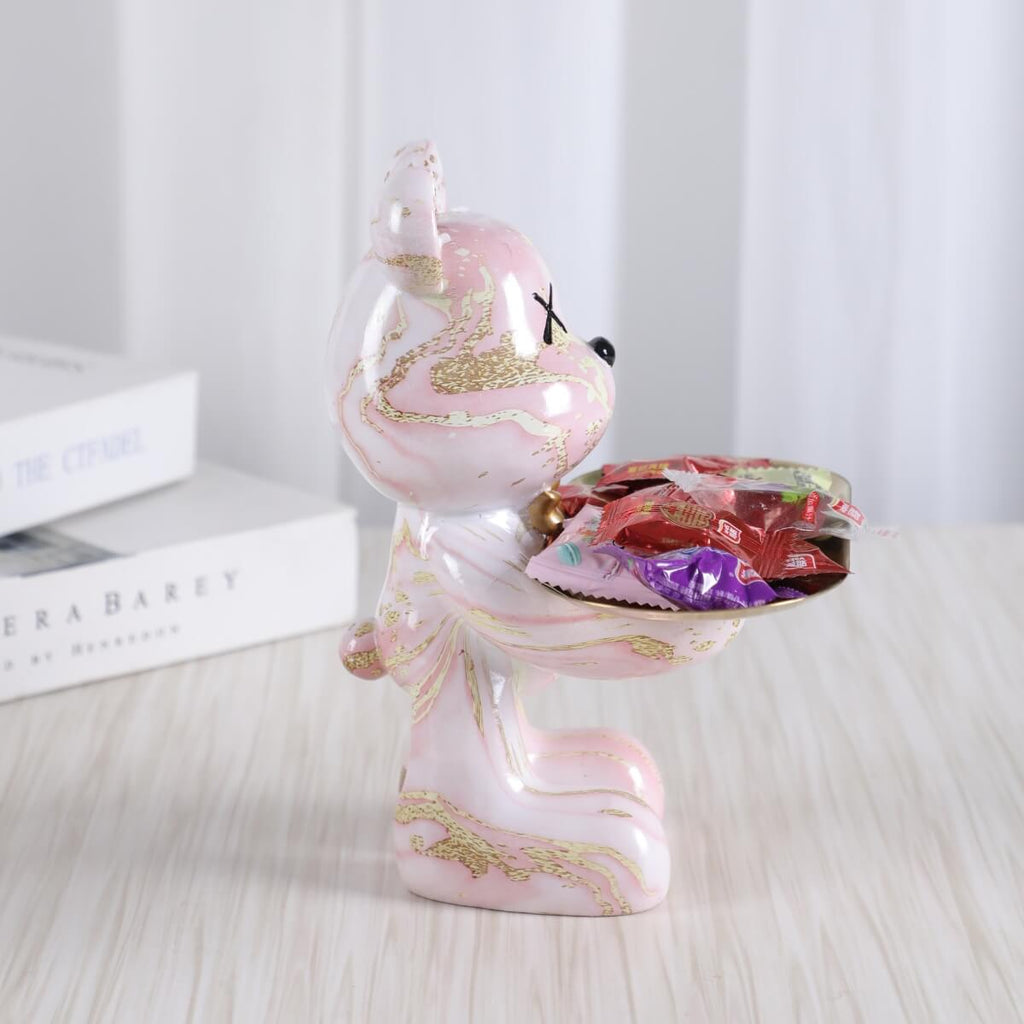 Escultura Urso Graffiti Art com Bandeja em Aço Inox – Peça Única de Design 20cm