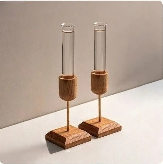 Vaso Tubo de Ensaio em Vidro com Base de Madeira – Hidropônico Rústico