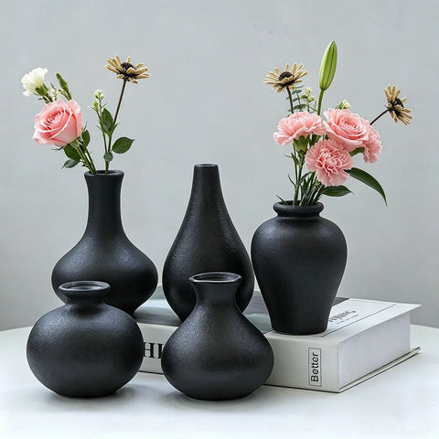 Conjunto 5 Vasos de Cerâmica Preta Fosca Minimalista – Decoração Moderna e Sofisticada