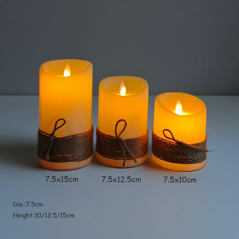 Kit 3 Velas LED com Chama Dançante – Sem Fio, com Corda Rústica Decorativa