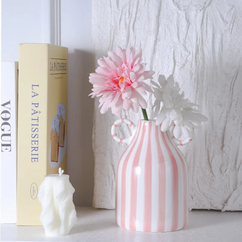 Vaso de Cerâmica Listrado com Alças Duplas – Estilo Nórdico Moderno 16cm