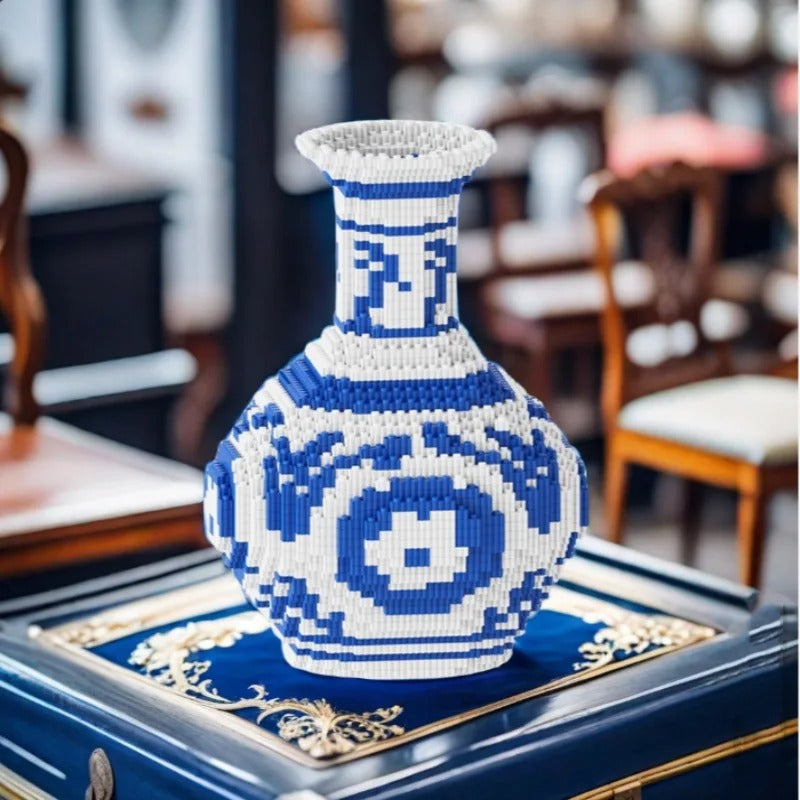 Vaso de Porcelana Chinesa DIY em Blocos de Construção – Azul e Branco 28cm