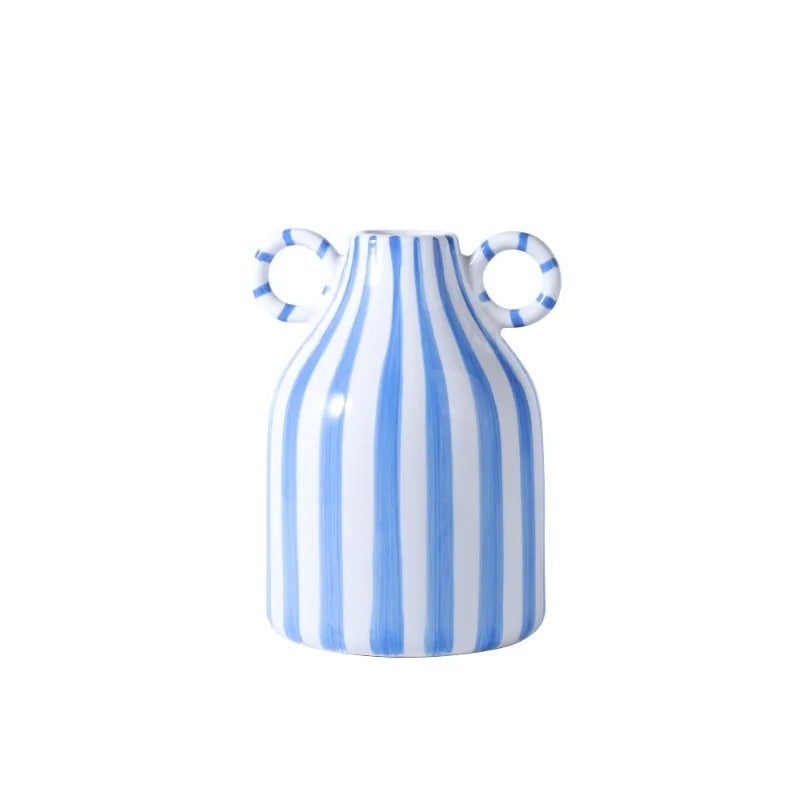 Vaso de Cerâmica Listrado com Alças Duplas – Estilo Nórdico Moderno 16cm