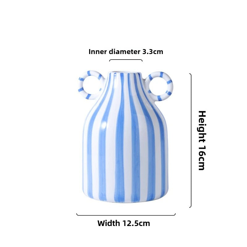 Vaso de Cerâmica Listrado com Alças Duplas – Estilo Nórdico Moderno 16cm