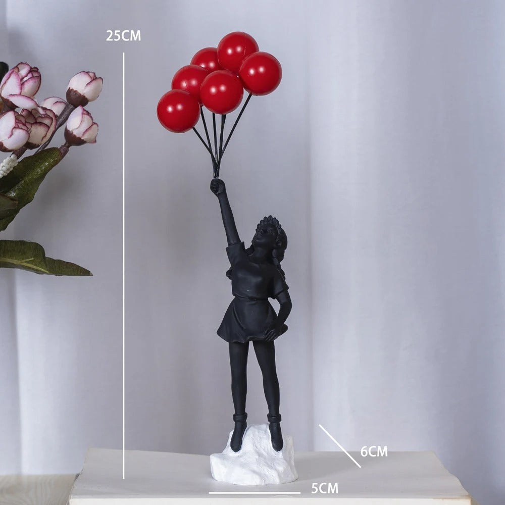 Escultura Menina com Balões em Resina – Arte de Coleção para Mesa 25cm