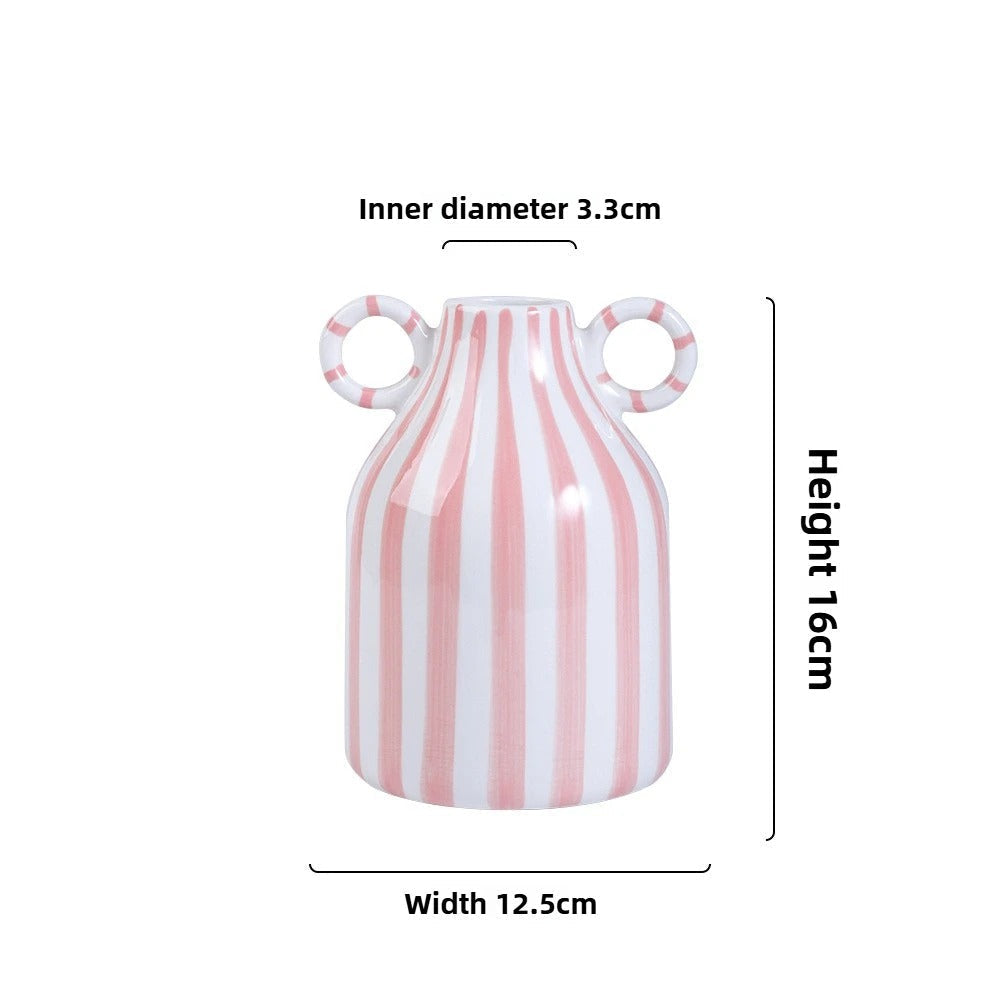Vaso de Cerâmica Listrado com Alças Duplas – Estilo Nórdico Moderno 16cm