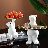 Porta-Objetos Urso Butler em Resina com Bandeja Dourada – Decorativo para Mesa