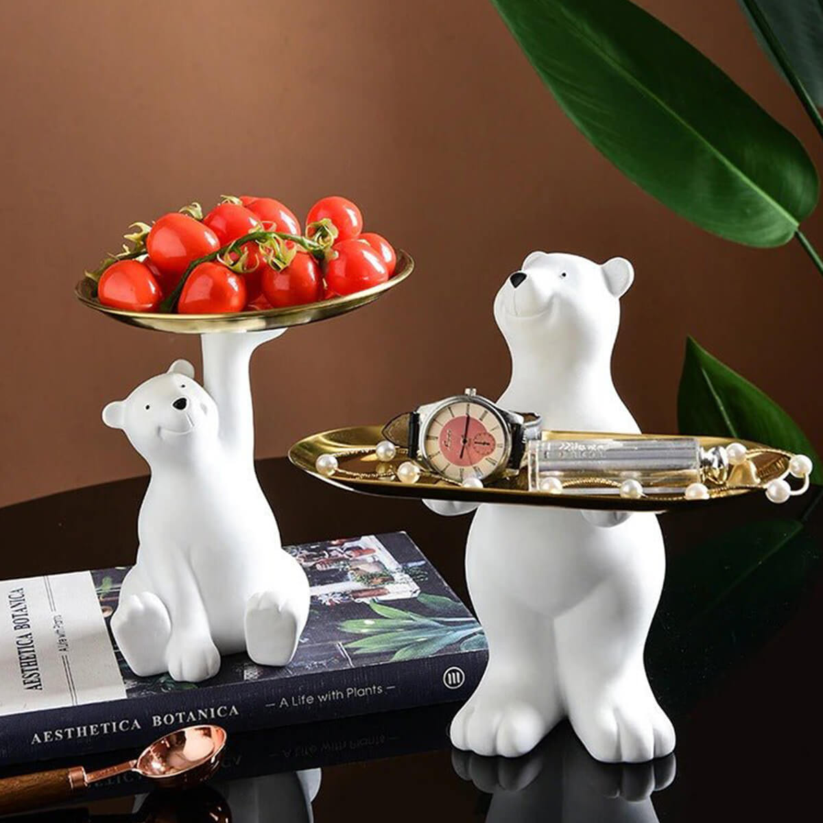 Porta-Objetos Urso Butler em Resina com Bandeja Dourada – Decorativo para Mesa