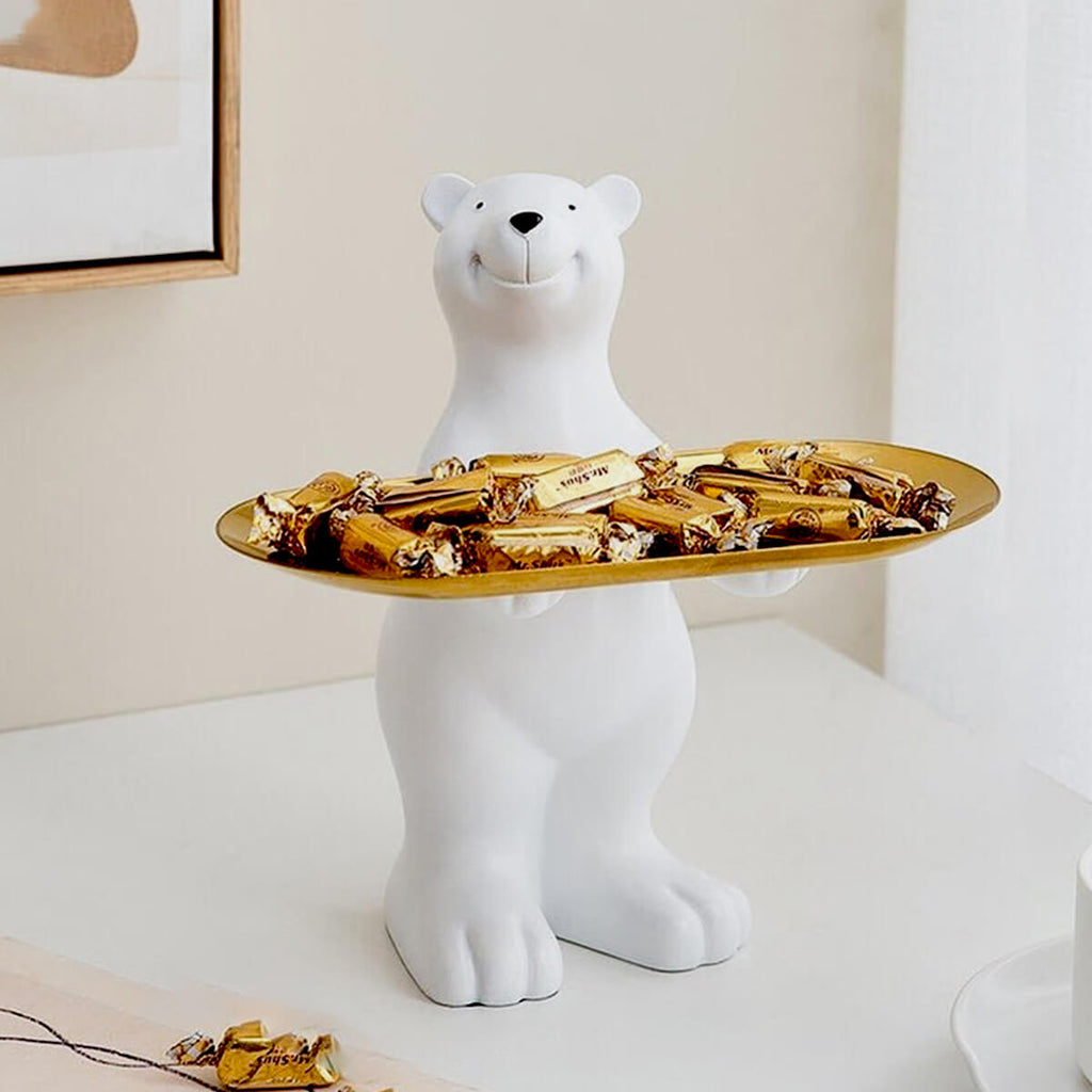Porta-Objetos Urso Butler em Resina com Bandeja Dourada – Decorativo para Mesa